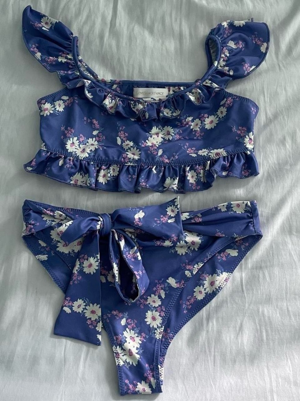 LoveShackFancy Blue Floral Bikini Top with Pink Accents